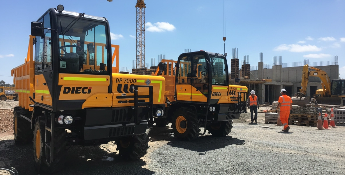 two off road / 4x4 dump trucks hired from AAH, that are working on an Australian construction site
