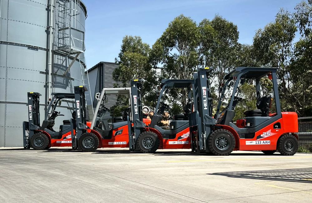 Image shows a fleet of forklifts available for hire from AAH with lift capacities ranging from 1.5 to 7 tonnes