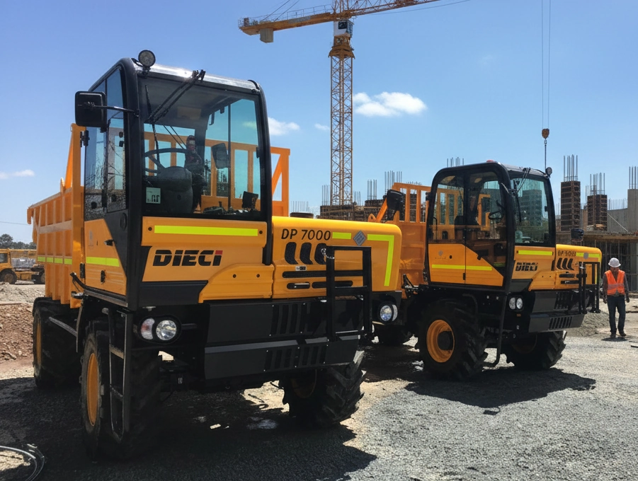 two 4x4 / off road dumper trucks working on an Australian construction site
