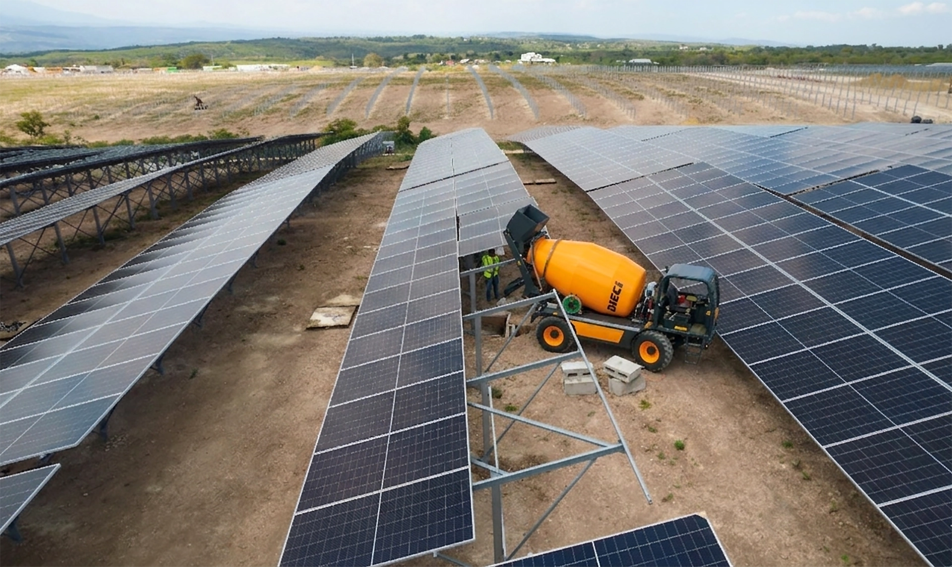 a 4x4 mixer truck hired from AAH working on a solar farm to pour concrete footings in remote Australia